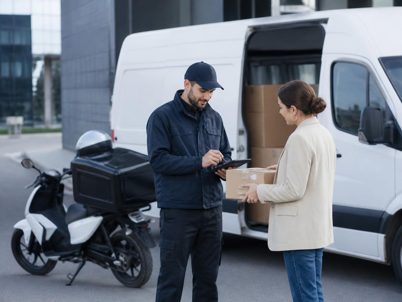Repartidor entregando un paquete junto a una van de distribución y una motocicleta de reparto