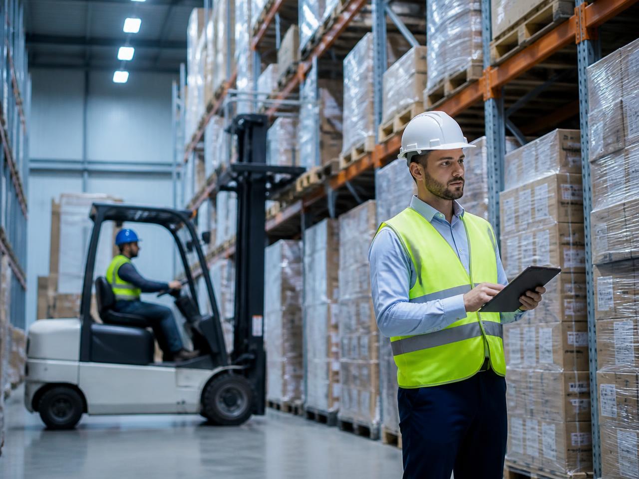 Centro de distribución con racks de almacenamiento, montacargas y operador revisando inventario
